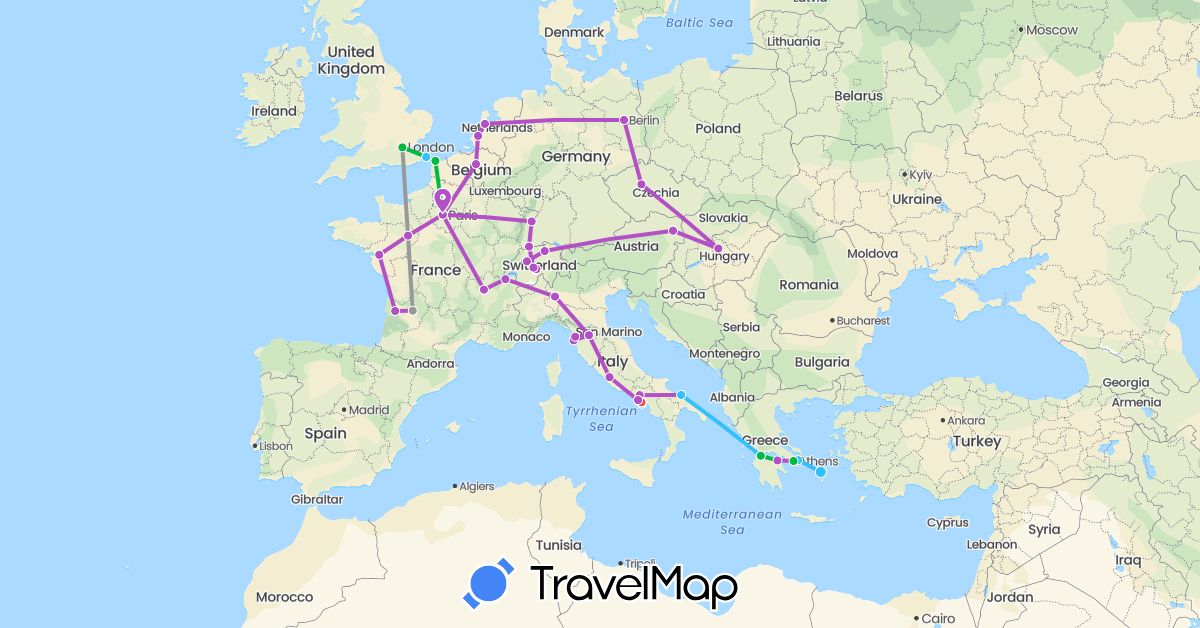 TravelMap itinerary: driving, bus, plane, train, hiking, boat in Austria, Belgium, Switzerland, Czech Republic, Germany, France, United Kingdom, Greece, Hungary, Italy, Netherlands (Europe)